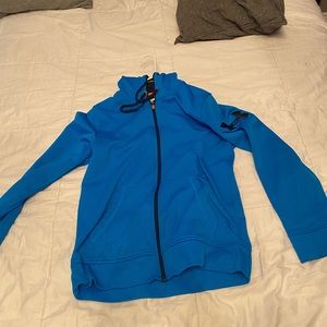 blue and orange under-armor zip up sweatshirt hood